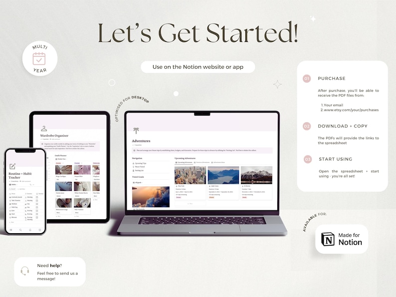 May include: A digital planner interface displayed on a laptop, tablet, and smartphone. The screens show a wardrobe organizer and adventure planning pages. The image includes the text "Let's Get Started!" and "Use on the Notion website or app."
