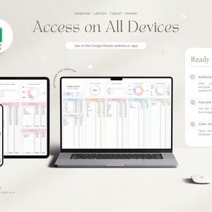 May include: A digital marketing template for a budget planner, accessible on desktop, laptop, tablet, and phone. The template is optimized for Google Sheets and includes a pie chart, a table, and a calendar. The template is available for purchase and download, and includes instructions on how to use it.