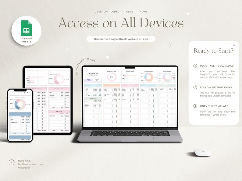 May include: A digital marketing template for a budget planner, accessible on desktop, laptop, tablet, and phone. The template is optimized for Google Sheets and includes a pie chart, a table, and a calendar. The template is available for purchase and download, and includes instructions on how to use it.
