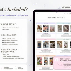 May include: Digital vision board template on a tablet, featuring sections for self-care, self-development, fitness, and healthy eating. The screen displays the text "VISION BOARD" and "What's Included?" with instructions and goal-setting features.