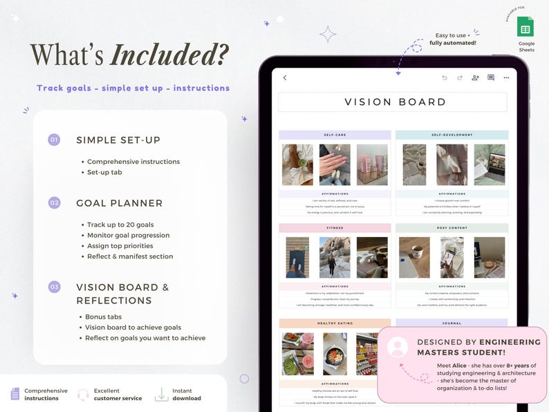 May include: Digital vision board template on a tablet, featuring sections for self-care, self-development, fitness, and healthy eating. The screen displays the text "VISION BOARD" and "What's Included?" with instructions and goal-setting features.