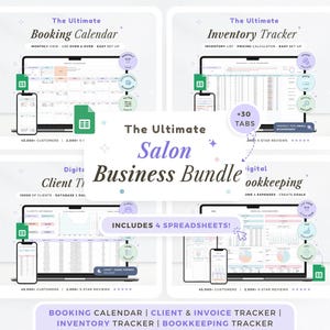 May include: A digital salon business bundle with four spreadsheets: Booking Calendar, Client & Invoice Tracker, Inventory Tracker, and Bookkeeping Tracker. The image includes a phone and a computer screen displaying the spreadsheets. The bundle includes over 30 tabs.
