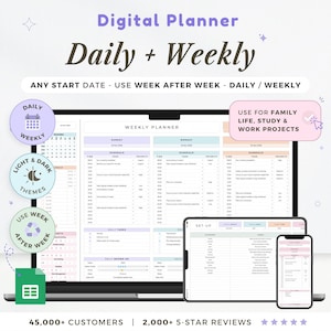 May include: Digital planner with daily and weekly layouts, shown on a laptop, tablet, and phone. Features include light and dark themes, any start date, and use for family, study, and work projects. The image includes the text "Daily + Weekly".