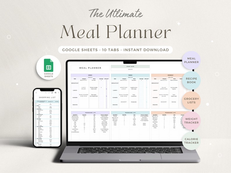 Puede incluir: Un ordenador port&aacute;til que muestra una plantilla de planificador de comidas de Google Sheets con 10 pesta&ntilde;as. La plantilla incluye un planificador de comidas, una lista de la compra, un libro de recetas, listas de la compra, un rastreador de peso y un rastreador de calor&iacute;as. El texto "The Ultimate Meal Planner" se muestra en la parte superior de la pantalla.