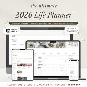May include: A digital 2026 Life Planner displayed on a laptop, tablet, and two smartphones. The planner includes tabs for calendar, lifestyle, productivity, goals, budget, and wellness. The text "the ultimate 2026 Life Planner" is at the top.