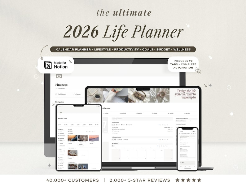 May include: A digital 2026 Life Planner displayed on a laptop, tablet, and two smartphones. The planner includes tabs for calendar, lifestyle, productivity, goals, budget, and wellness. The text "the ultimate 2026 Life Planner" is at the top.