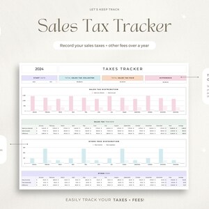 May include: A printable sales tax tracker for 2024. The document includes a chart to track sales tax collected and paid, as well as a chart to track other fees. The document is designed to help users easily track their taxes and fees.