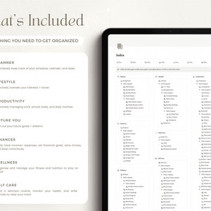 May include: A digital planner with a white background and a light gray index page. The index page lists different categories, including planner, lifestyle, productivity, future you, finances, wellness, and self-care. The text "Overwhelm & Stress Free!" is in a pink box in the upper right corner.