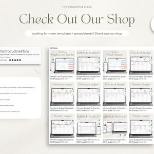 May include: A screenshot of a website with a variety of digital printable templates for budgeting, meal planning, weight loss tracking, and paycheck budgeting. The website is called "The Productive Plans" and offers a 50% discount when you buy 2 or more items.