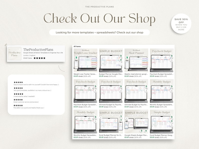 May include: A screenshot of a website with a variety of digital printable templates for budgeting, meal planning, weight loss tracking, and paycheck budgeting. The website is called "The Productive Plans" and offers a 50% discount when you buy 2 or more items.