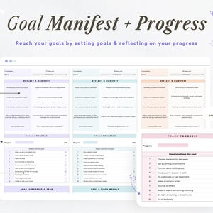 May include: A digital planner with the text "Goal Manifest + Progress" and prompts for goal setting and reflection. The planner includes sections for tracking progress and adding steps to achieve goals. The design is in shades of purple, pink, and white.