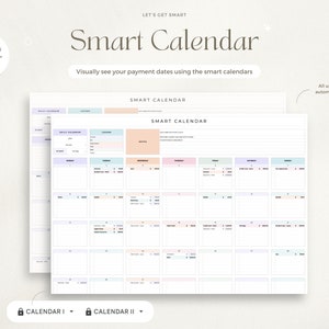May include: Two printable calendar pages with a pastel color scheme. The calendars are labeled "Smart Calendar" and are designed to help track payments. The text "Start on any day, month!" and "All updates automatically!" is also included.