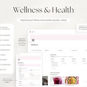 May include: Digital wellness planner with a light pink and white design. The planner includes sections for workout planning, meal planning, and grocery lists. Text includes "Wellness & Health" and "Organize your fitness and nutrition quickly + easily!"