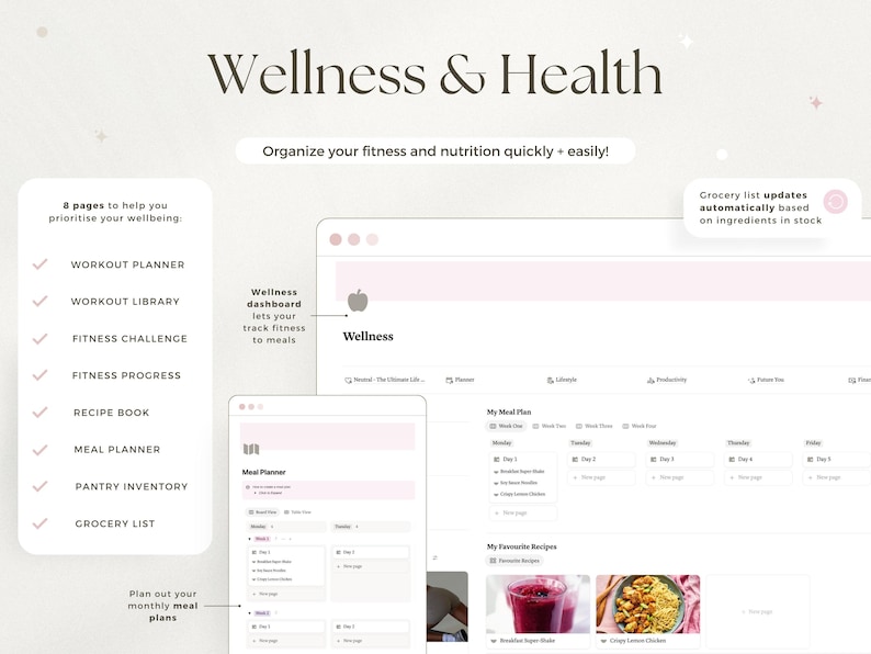 May include: Digital wellness planner with a light pink and white design. The planner includes sections for workout planning, meal planning, and grocery lists. Text includes "Wellness & Health" and "Organize your fitness and nutrition quickly + easily!"