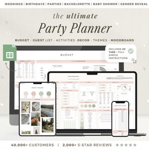 Op de afbeelding: De ultieme Party Planner weergegeven op een computer, tablet en telefoon. De schermen tonen budget, gastenlijst, activiteiten, decor, thema's en moodboard secties. De tekst "Includes 20 Tabs + Full Simple Instructions."
