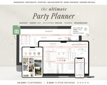 Planificador de fiestas digital, hoja de cálculo de Google Sheets, plantilla de planificación de eventos, planificación de fiestas de cumpleaños, seguimiento de presupuesto, organizador de fiestas de despedida de soltera