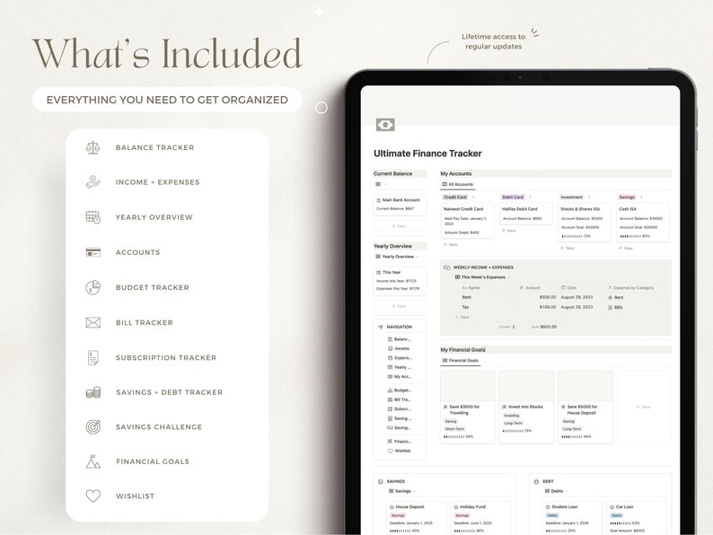 May include: A digital screen displaying a financial tracker app with a list of features on the left side and a sample tracker on the right side. The app features include balance tracker, income and expenses, yearly overview, accounts, budget tracker, bill tracker, subscription tracker, savings and debt tracker, savings challenge, financial goals, and wishlist. The sample tracker includes sections for current balance, my accounts, yearly overview, weekly income and expenses, my financial goals, savings, and debt.