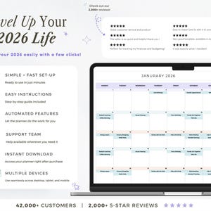 K&ouml;nnte beinhalten: Ein Laptop-Bildschirm zeigt einen digitalen Planer f&uuml;r Januar 2026 mit Kalenderlayout und Aufgabenliste. Der Bildschirm ist umgeben von Text, der "Level Up Your 2026 Life" sagt und Details zu den Funktionen des Planers, einschlie&szlig;lich einfacher Einrichtung.