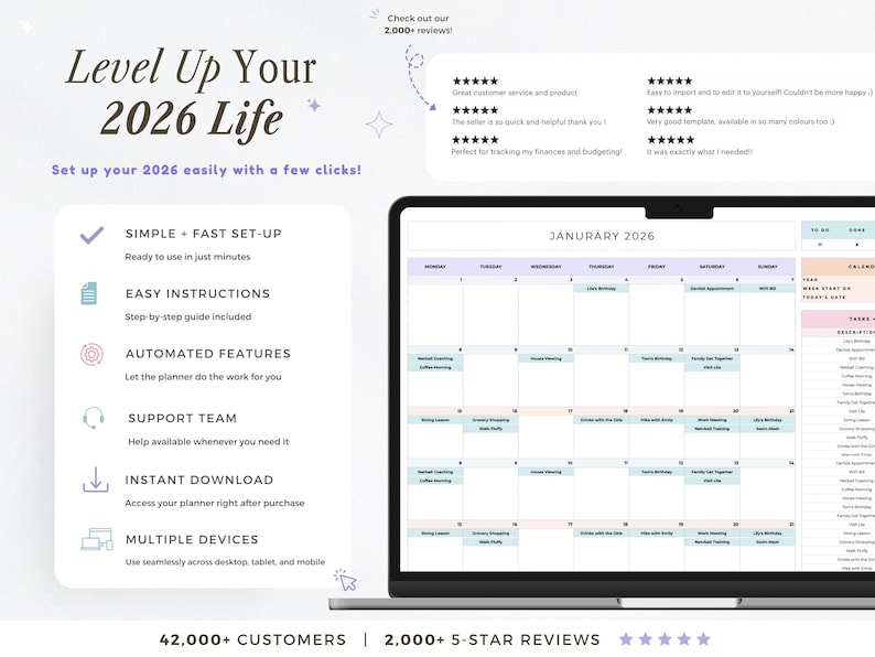 K&ouml;nnte beinhalten: Ein Laptop-Bildschirm zeigt einen digitalen Planer f&uuml;r Januar 2026 mit Kalenderlayout und Aufgabenliste. Der Bildschirm ist umgeben von Text, der "Level Up Your 2026 Life" sagt und Details zu den Funktionen des Planers, einschlie&szlig;lich einfacher Einrichtung.