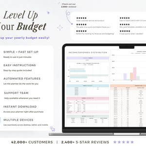 May include: A laptop screen shows a financial planning template with charts and tables. The text "Level Up Your Budget" is at the top, with features like simple setup, easy instructions, and automated features. The image also includes customer reviews.