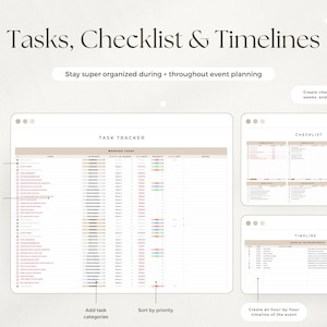 May include: A digital task tracker, checklist, and timeline planner template featuring beige and white layouts. The interface includes columns for tasks, categories, due dates, and priority status, with text labels like Tasks, Checklist & Timelines.