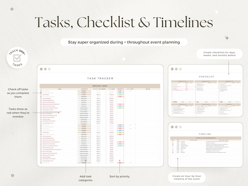 May include: A digital task tracker, checklist, and timeline planner template featuring beige and white layouts. The interface includes columns for tasks, categories, due dates, and priority status, with text labels like Tasks, Checklist & Timelines.