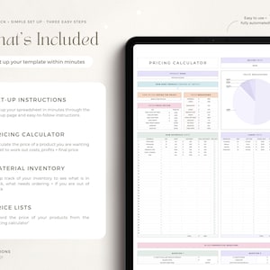 May include: A digital template for pricing products, including a pricing calculator, material inventory, and price lists. The template is designed to help you set up your spreadsheet in minutes with easy-to-follow instructions.