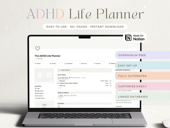 ADHD Notion Template Student ADHD Planner Notion Dashboard ADHD Digital Planner Adult adhd Notion Life Planner Notion Planner Productivity