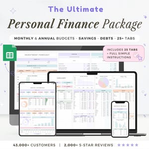 May include: A digital personal finance package displayed on a desktop computer, laptop, tablet, and smartphone. The package includes monthly and annual budgets, savings, and debt tracking. The text reads "The Ultimate Personal Finance Package".