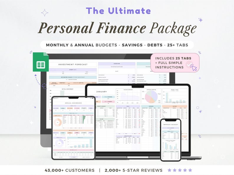 May include: A digital personal finance package displayed on a desktop computer, laptop, tablet, and smartphone. The package includes monthly and annual budgets, savings, and debt tracking. The text reads "The Ultimate Personal Finance Package".