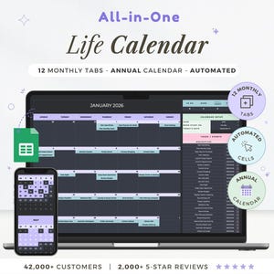 Puede incluir: Un calendario de vida digital que se muestra en una computadora portátil y un teléfono inteligente, con una vista mensual y anual. La pantalla muestra un calendario para enero de 2026. La imagen incluye el texto "All-in-One Life Calendar" y "12 PESTAÑAS MENSUALES - CALENDARIO ANUAL - AUTOMATIZADO."