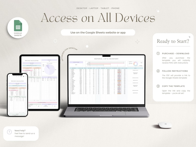 May include: Image showing a Google Sheets template displayed on a laptop, tablet, and smartphone, highlighting device compatibility. Text includes "Access on All Devices" and "Use on the Google Sheets website or app."