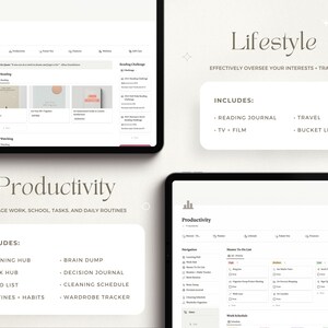 May include: A screenshot of a website interface for a productivity and lifestyle app. The app features sections for managing work, school, tasks, and daily routines, as well as sections for reading, travel, and bucket lists.