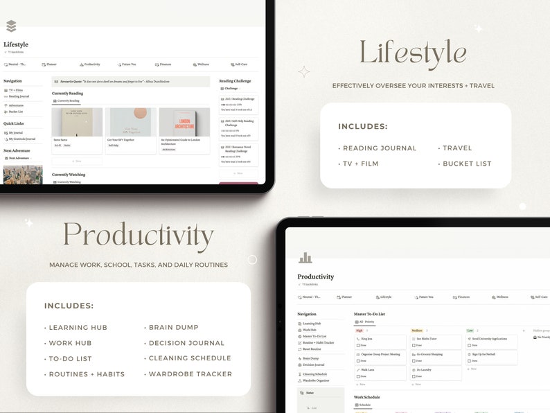 May include: A screenshot of a website interface for a productivity and lifestyle app. The app features sections for managing work, school, tasks, and daily routines, as well as sections for reading, travel, and bucket lists.