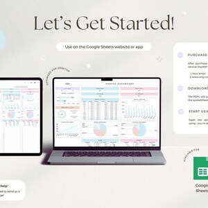 May include: A digital dashboard displayed on a laptop, tablet, and smartphone. The image includes the text "Let's Get Started!" and instructions for use with Google Sheets. The dashboard is optimised for desktop and multi-year use.