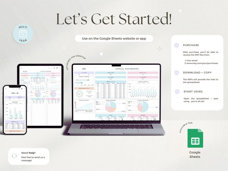 May include: A digital dashboard displayed on a laptop, tablet, and smartphone. The image includes the text "Let's Get Started!" and instructions for use with Google Sheets. The dashboard is optimised for desktop and multi-year use.