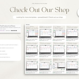 May include: A screenshot of a website showcasing a range of digital printable budget templates. The templates are categorised into sections like "Simple Budget", "Meal Planner", and "Paycheck Budget". The website offers a 50% discount when purchasing two or more templates.
