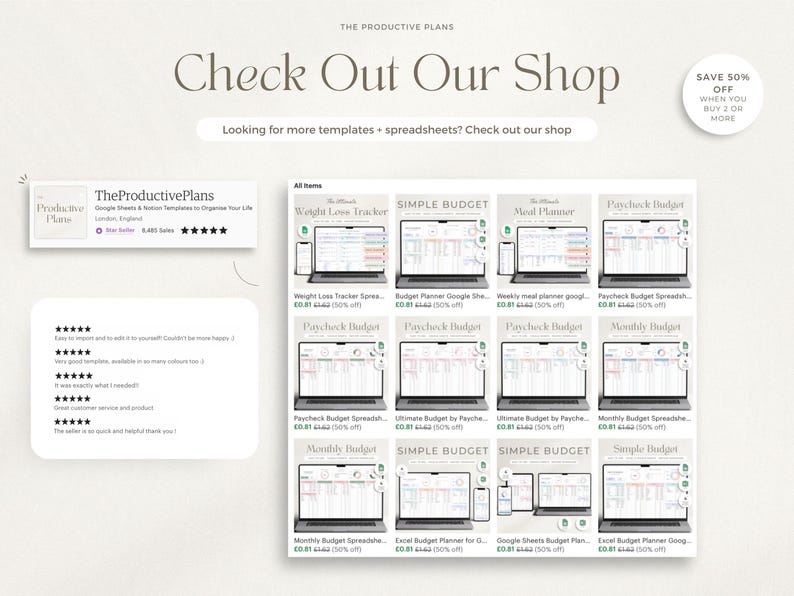 May include: A screenshot of a website showcasing a range of digital printable budget templates. The templates are categorised into sections like "Simple Budget", "Meal Planner", and "Paycheck Budget". The website offers a 50% discount when purchasing two or more templates.