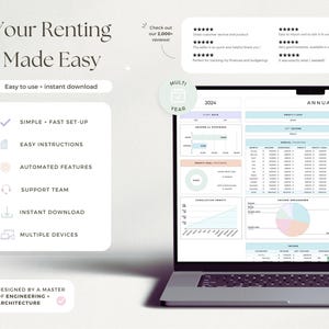 May include: A laptop screen showing a pastel-coloured annual dashboard with charts and tables. The screen displays "Your Renting Made Easy" and lists features such as "Simple + Fast Set-Up" and "Instant Download."