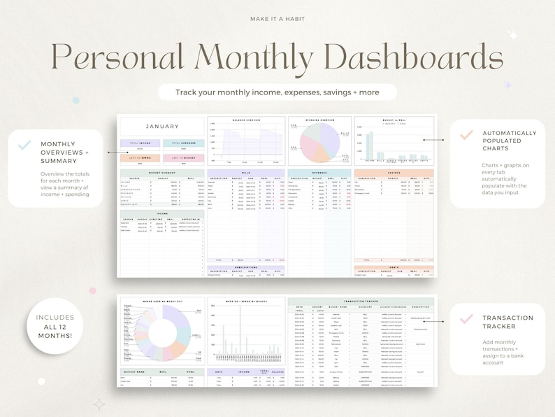 May include: A digital personal monthly dashboard with the text "Personal Monthly Dashboards" and "Track your monthly income, expenses, savings + more." The dashboard includes charts, graphs, and a transaction tracker. It includes all 12 months.