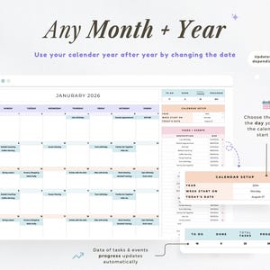 K&ouml;nnte beinhalten: Eine digitale Kalendervorlage f&uuml;r jeden Monat und jedes Jahr, mit einem klaren, minimalistischen Design. Der Kalender zeigt den Monat Januar 2026 an, mit Optionen zur Anpassung des Jahres und des Startdatums. Enth&auml;lt Aufgabenverwaltung und Fortschrittsverfolgung.