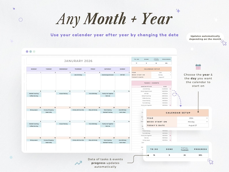 K&ouml;nnte beinhalten: Eine digitale Kalendervorlage f&uuml;r jeden Monat und jedes Jahr, mit einem klaren, minimalistischen Design. Der Kalender zeigt den Monat Januar 2026 an, mit Optionen zur Anpassung des Jahres und des Startdatums. Enth&auml;lt Aufgabenverwaltung und Fortschrittsverfolgung.