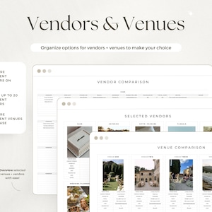Puede incluir: Una herramienta digital de planificaci&oacute;n de bodas con el texto "Vendors & Venues". La interfaz muestra tablas de comparaci&oacute;n de proveedores y lugares, con opciones para comparar costos, seleccionar proveedores y comparar lugares. El dise&ntilde;o es limpio y moderno.