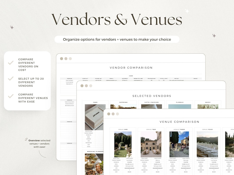 Puede incluir: Una herramienta digital de planificaci&oacute;n de bodas con el texto "Vendors & Venues". La interfaz muestra tablas de comparaci&oacute;n de proveedores y lugares, con opciones para comparar costos, seleccionar proveedores y comparar lugares. El dise&ntilde;o es limpio y moderno.