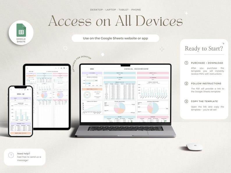 Puede incluir: Un panel de Google Sheets mostrado en un port&aacute;til, una tableta y un smartphone. La imagen muestra gr&aacute;ficos y datos, con el texto "Access on All Devices" e instrucciones.