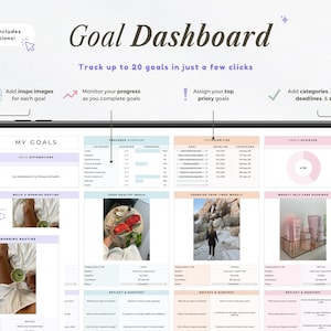 May include: A digital goal dashboard displayed on a tablet. The screen shows a layout with sections for goals, progress, and categories. Text includes "Goal Dashboard" and "Track up to 20 goals in just a few clicks."