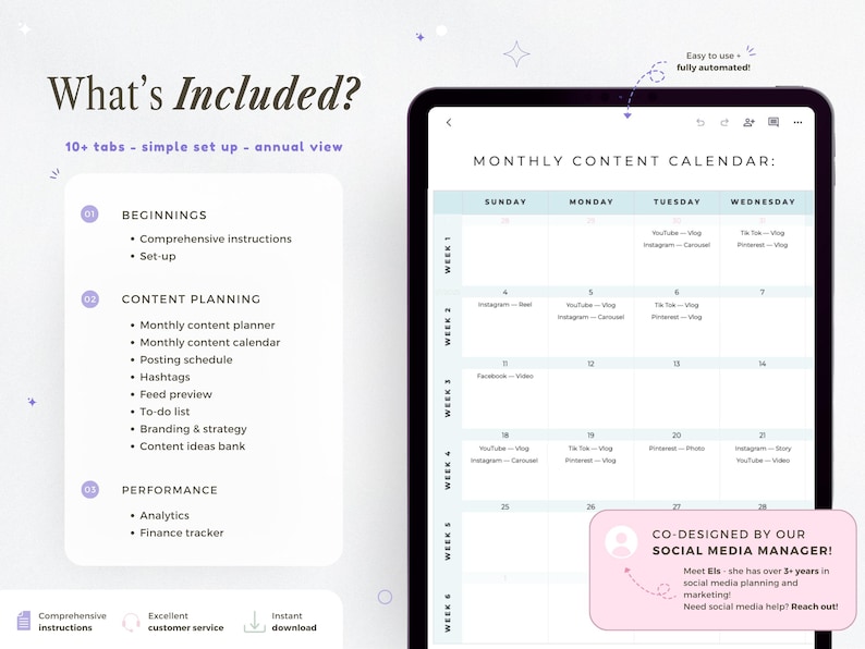 May include: Digital planner on a tablet screen, displaying a monthly content calendar with social media planning tools. The image includes text: "What's Included?" and "Monthly Content Calendar". The planner offers comprehensive instructions and an instant download.