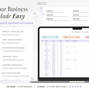 Op de afbeelding: Een laptopscherm toont een sjabloon voor een betalingsschema. De tekst luidt "Your Business Made Easy" met functies zoals eenvoudige installatie, eenvoudige instructies en geautomatiseerde functies. De afbeelding toont ook klantbeoordelingen en de tekst "50.000+ KLANTEN | 2.000+ 5-STERREN BEOORDELINGEN".