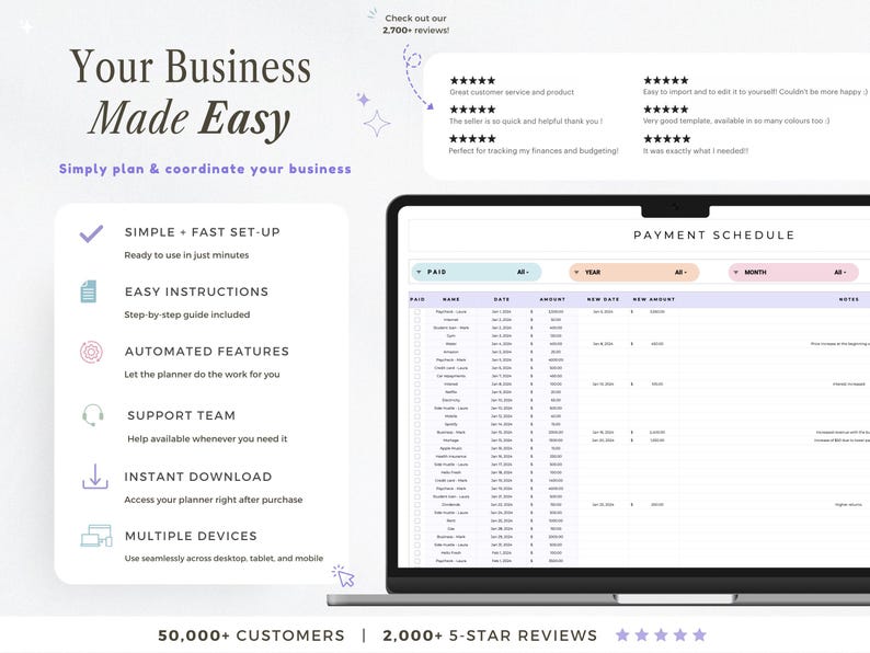 Op de afbeelding: Een laptopscherm toont een sjabloon voor een betalingsschema. De tekst luidt "Your Business Made Easy" met functies zoals eenvoudige installatie, eenvoudige instructies en geautomatiseerde functies. De afbeelding toont ook klantbeoordelingen en de tekst "50.000+ KLANTEN | 2.000+ 5-STERREN BEOORDELINGEN".