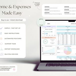 May include: A laptop displaying a financial dashboard with the text "Income & Expenses Made Easy." The screen shows charts and tables for tracking finances. Features include easy setup, instructions, automated features, and instant download.